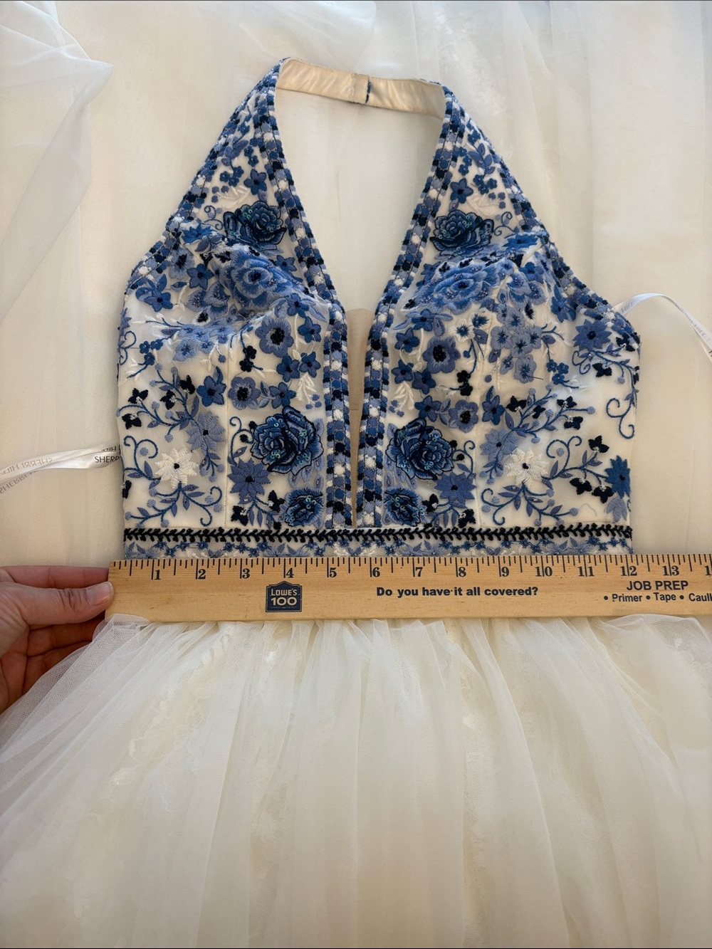Blue and White Embroidered Halter Evening Dress - Picture 8 of 9